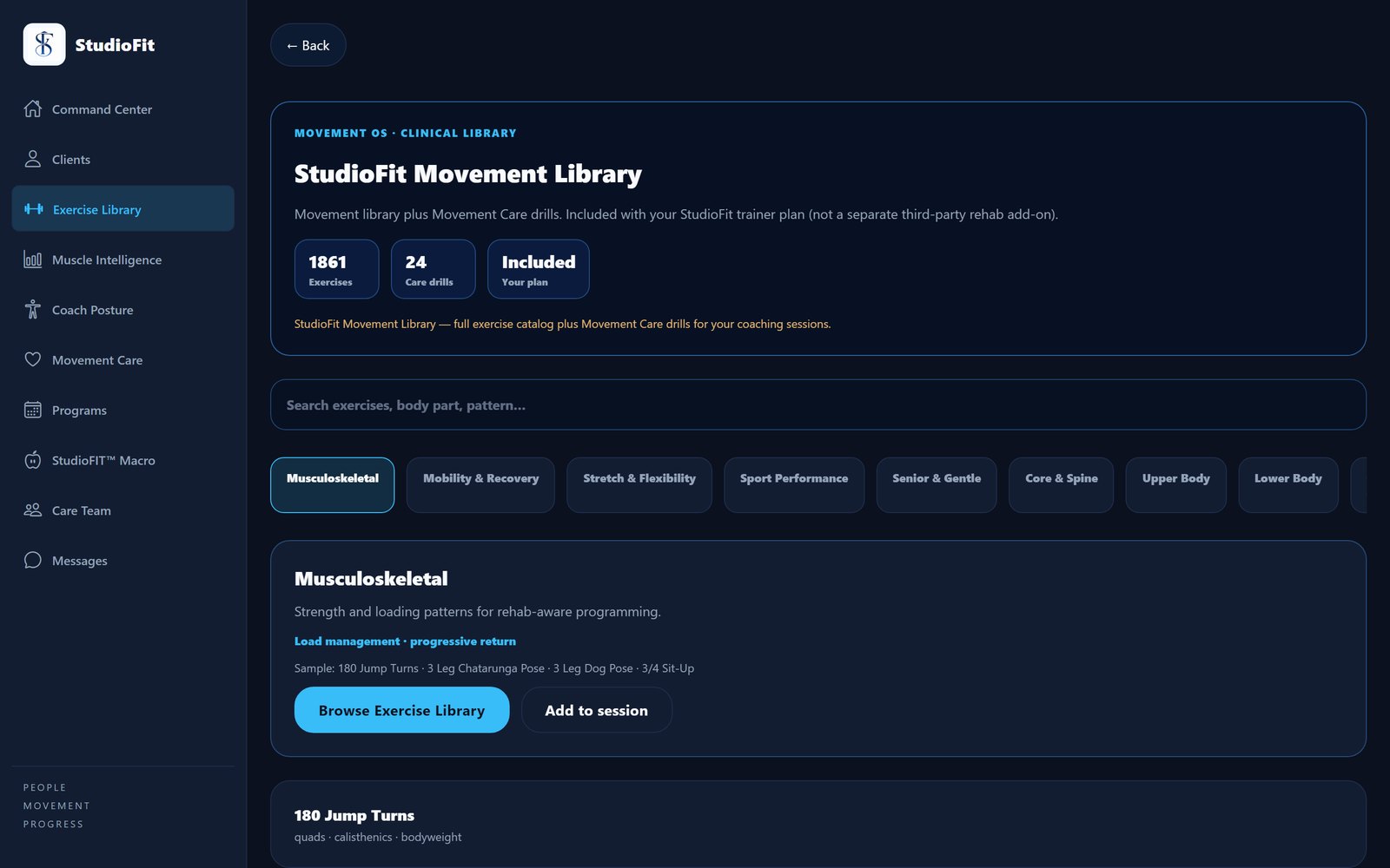 Illustrative StudioFit anatomical exercise library
